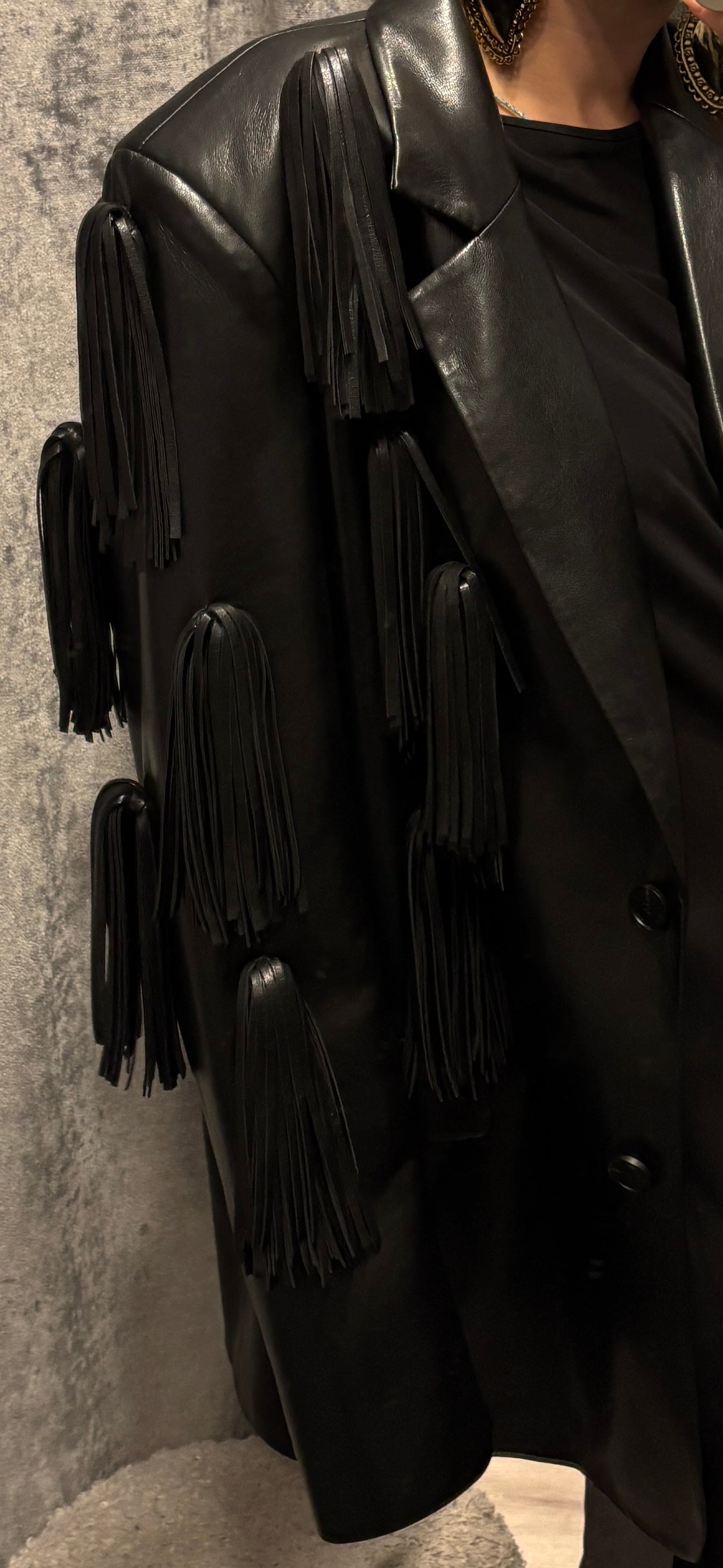 Faux leather blazer with fringes