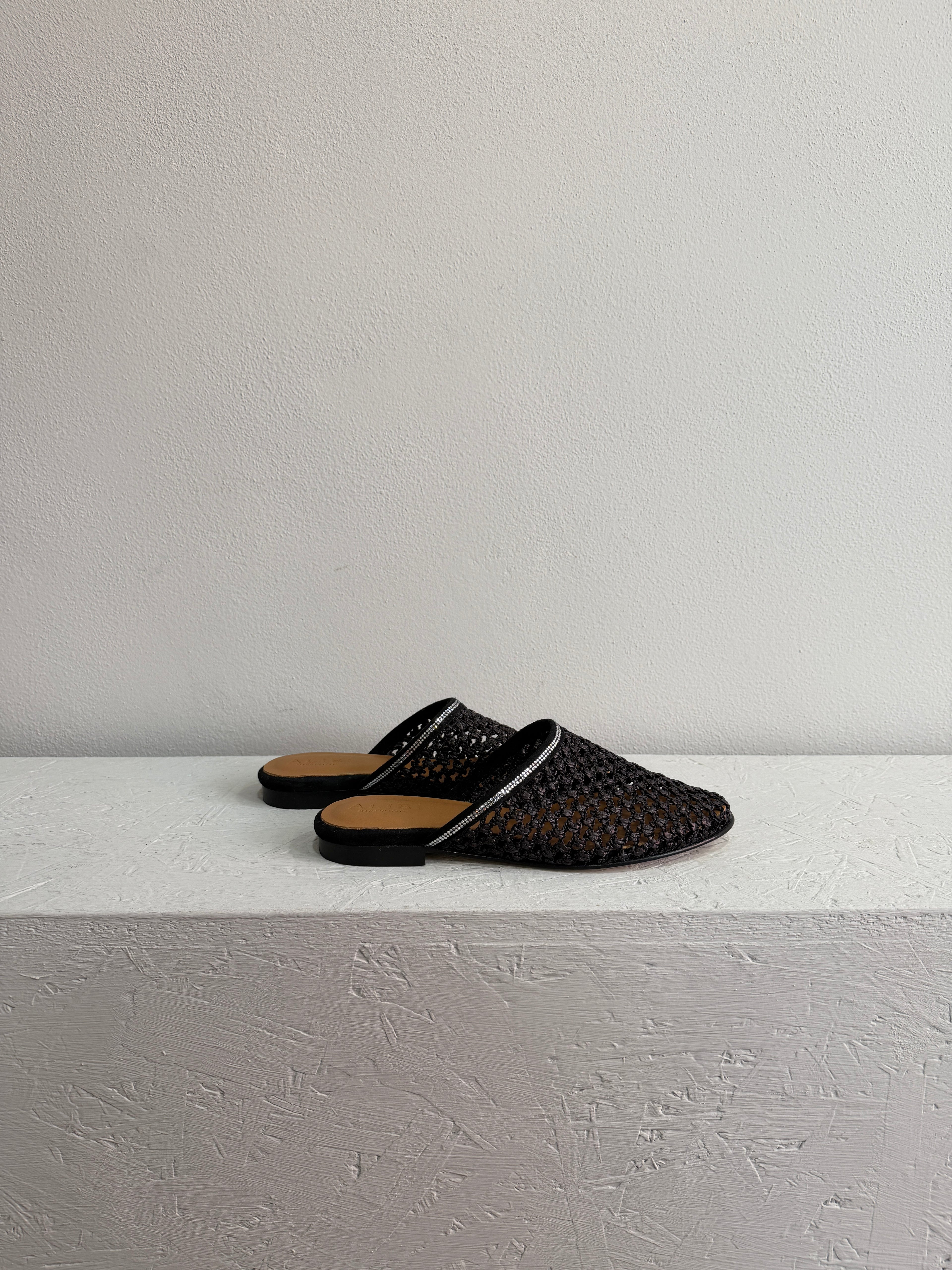 Ciabatta flat in rafia con strass