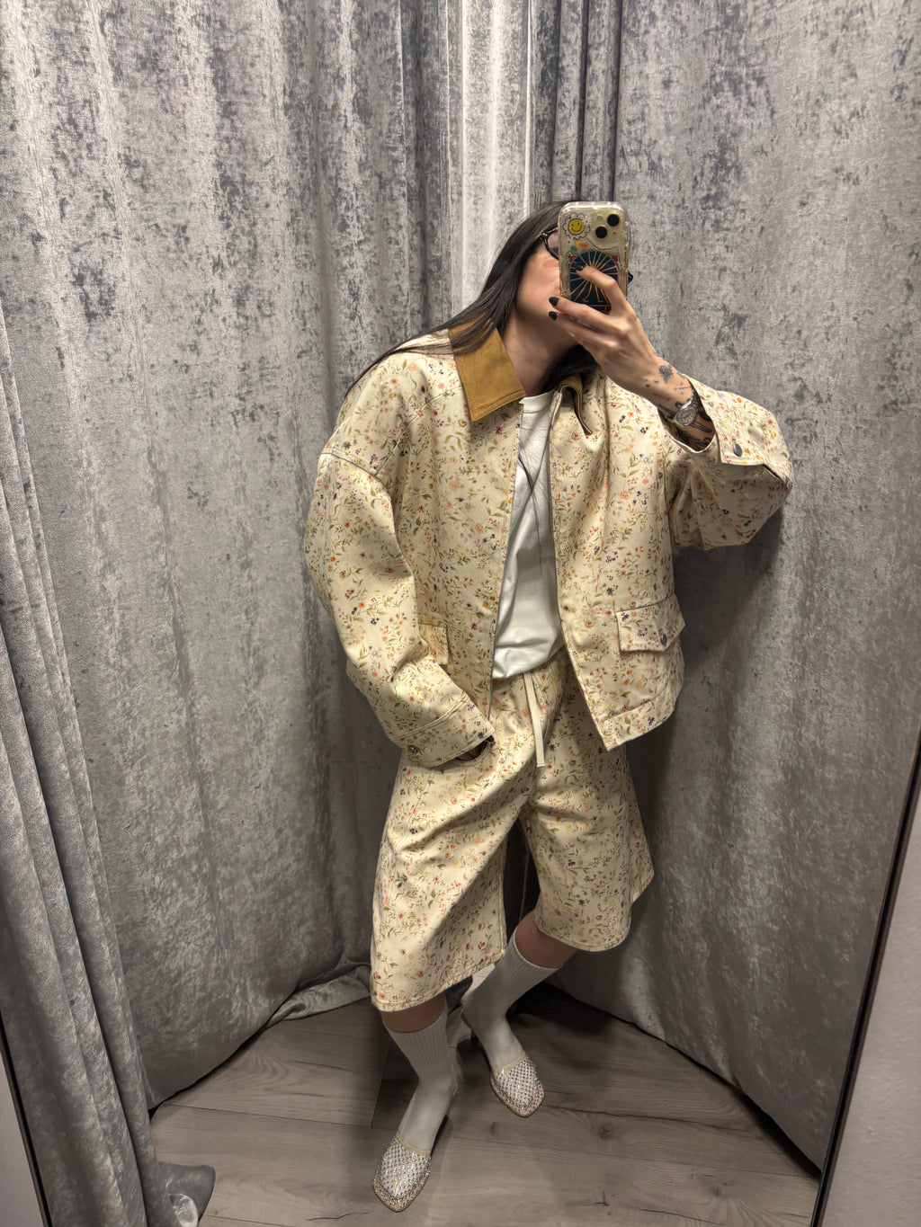 Giacca floreale con colletto in suede