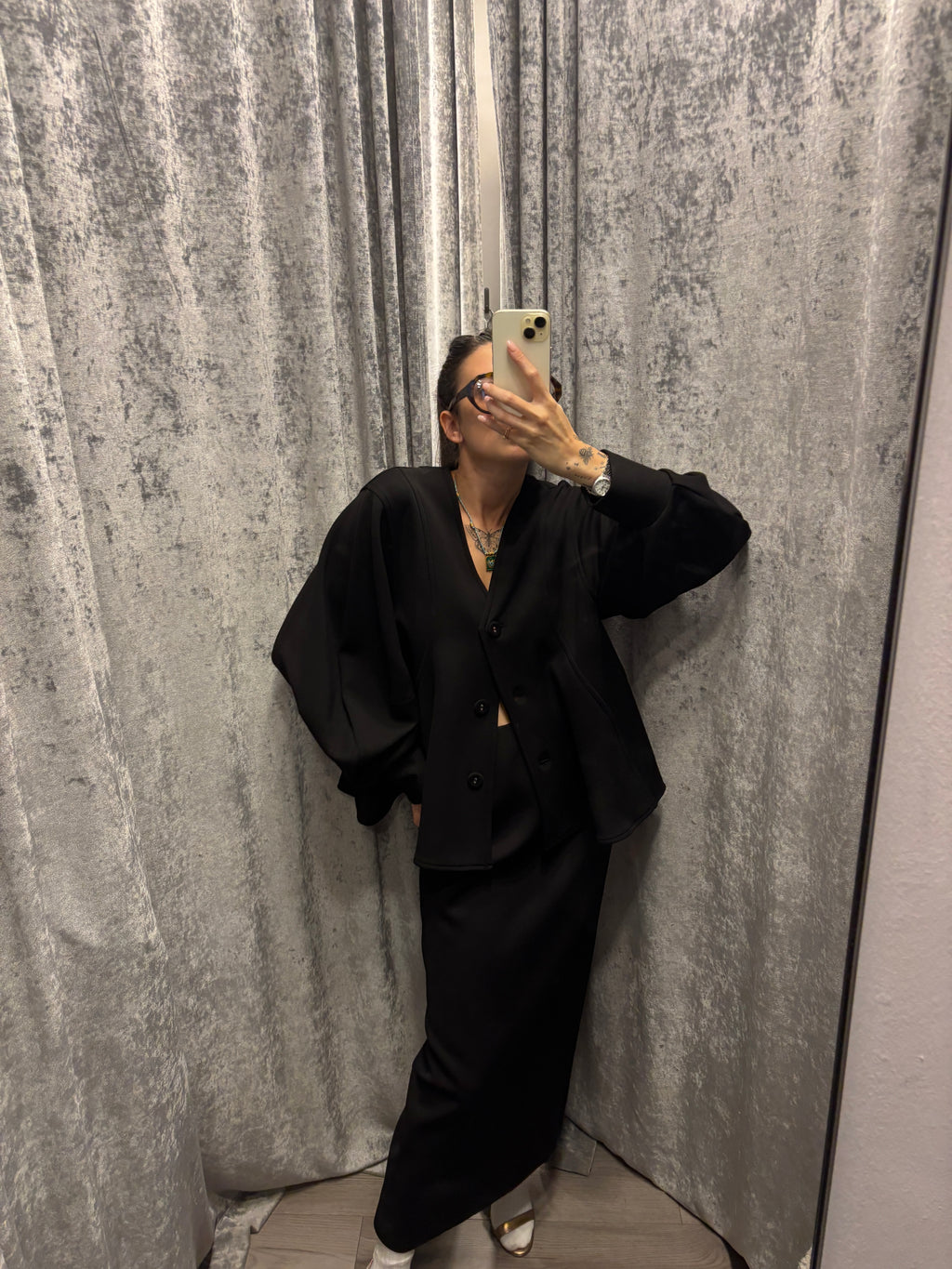 Cardigan in neoprene manica a palloncino